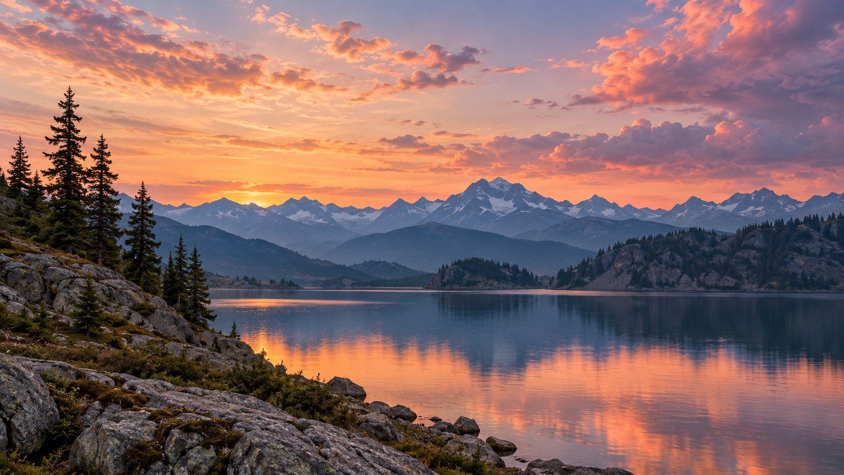 Mountains and a lake at dusk